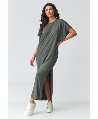 laisva suknele maxi su skiliu chaki M927