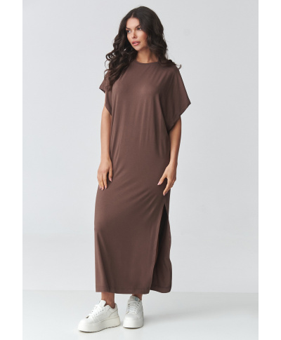 laisva suknele maxi su skiliu mleczna czekolada M927