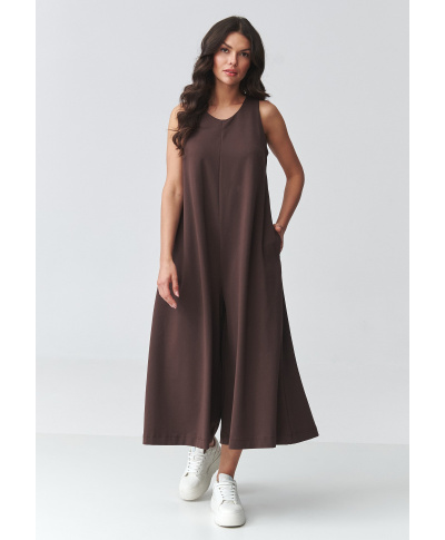 Stylowy kombinezonas moteriskas su szerokimi nogawkami tamsi czekolada M919