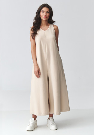 Stylowy kombinezonas moteriskas su szerokimi nogawkami sviesus beż M919