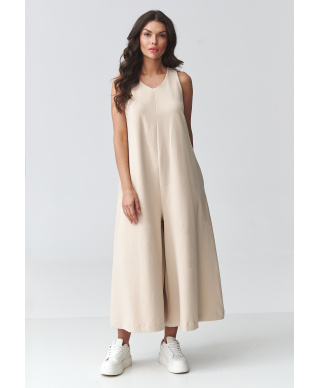 Stilīgs sieviešu kombinezons ar platām starām gaiši bēšs M919