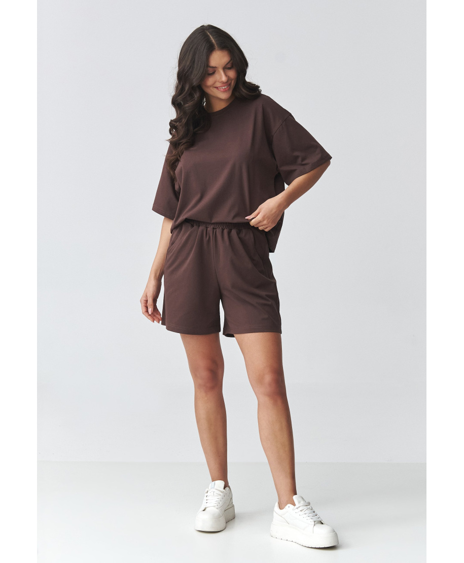 komplektas moteriskas su luźną bluzką ir szortami tamsi czekolada M935