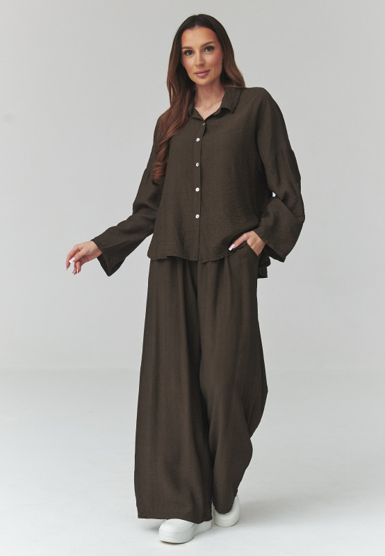 Moteriškas komplektas su plačiomis kelnėmis šokoladinis C49