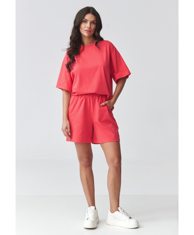 komplektas moteriskas su luźną bluzką ir szortami koralowy M935