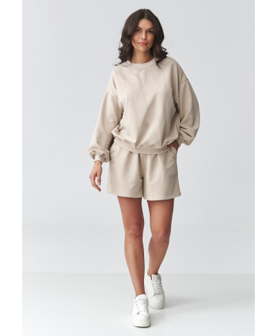 Komplektas dresinis moteriškas oversize su šortais šviesiai smėlio M922