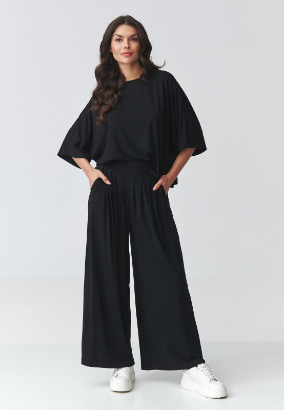 Komplektas moterims su plačiomis kelnėmis ir oversize palaidine juodas M926