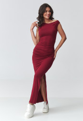 Suknelė maxi su raukimu ir skeltuku bordo M928