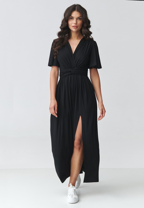 suknele maxi su kopertowym iskirpte juoda M929