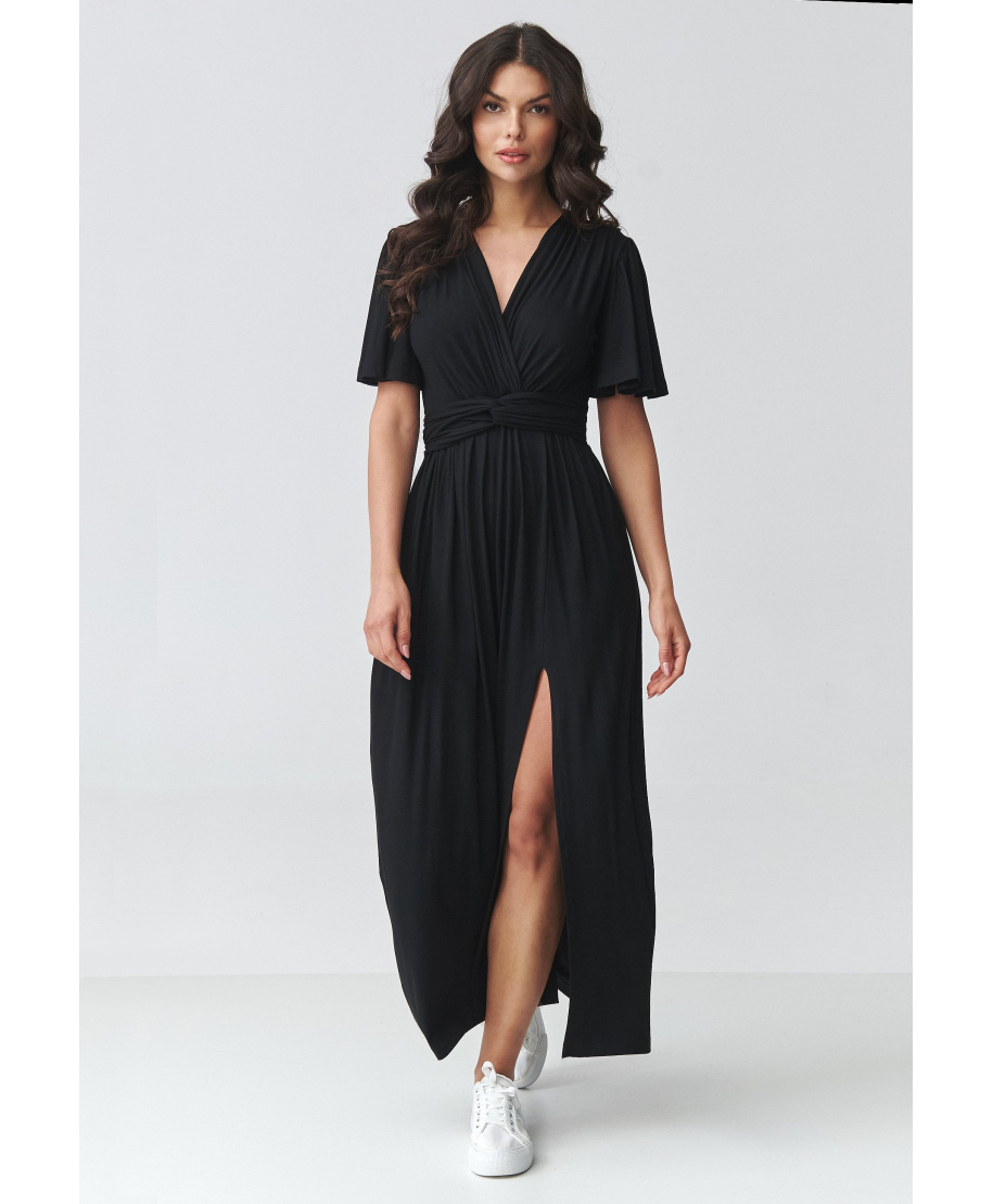 suknele maxi su kopertowym iskirpte juoda M929
