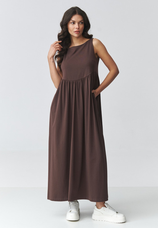 suknele maxi su kisenemis tamsi czekolada M932