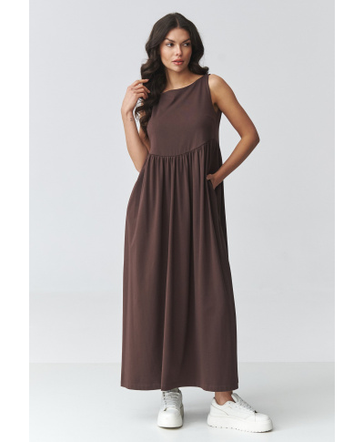 suknele maxi su kisenemis tamsi czekolada M932