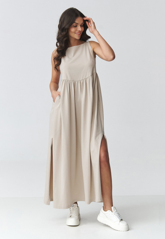 suknele maxi su kisenemis sviesus beż M932