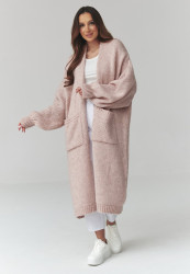ilgas megztinis moteriskas kardiganas su kisenemis brudny róż S172