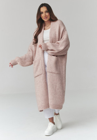 ilgas megztinis moteriskas kardiganas su kisenemis brudny róż S172