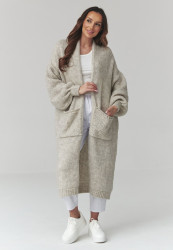 ilgas megztinis moteriskas kardiganas su kisenemis sviesus pilkas S172