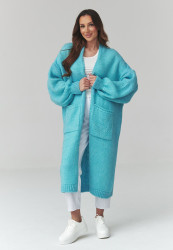 ilgas megztinis moteriskas kardiganas su kisenemis lazurowy S172