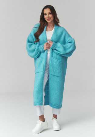 ilgas megztinis moteriskas kardiganas su kisenemis lazurowy S172