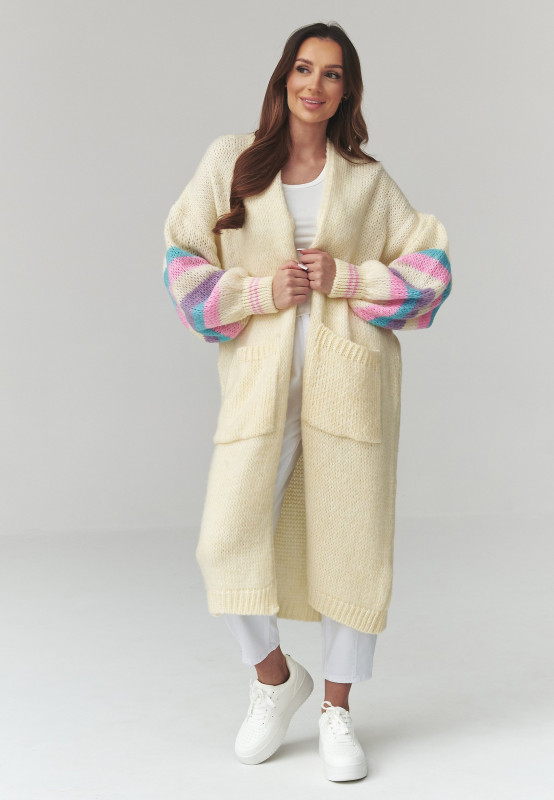 ilgas megztinis moteriskas kardiganas su pasami ant rękawach bananowy S174