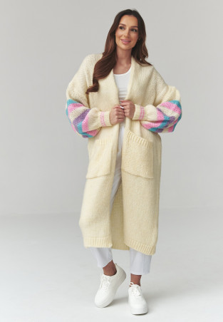 ilgas megztinis moteriskas kardiganas su pasami ant rękawach bananowy S174