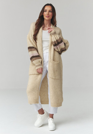 ilgas megztinis moteriskas kardiganas su pasami ant rękawach sviesus beż S174