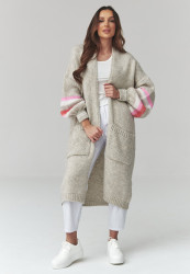 ilgas megztinis moteriskas kardiganas su pasami ant rękawach sviesus pilkas S174