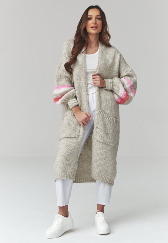 ilgas megztinis moteriskas kardiganas su pasami ant rękawach sviesus pilkas S174