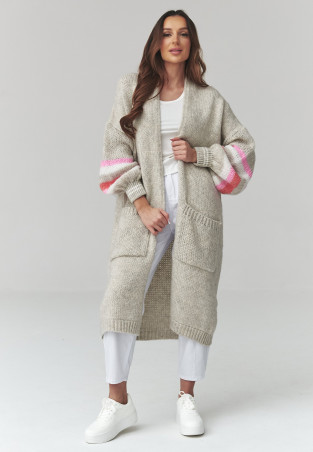 ilgas megztinis moteriskas kardiganas su pasami ant rękawach sviesus pilkas S174
