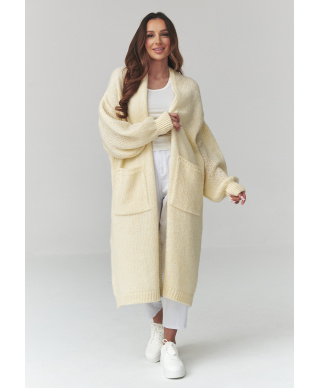 ilgas megztinis moteriskas kardiganas su kisenemis bananowy S172