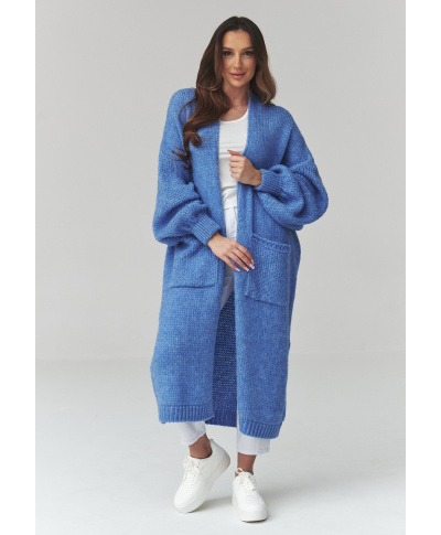 Ilgas moteriškas kardiganas su kišenėmis mėlynas džinsas S172