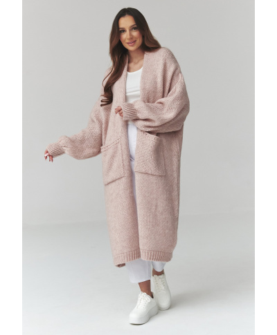 Ilgas moteriškas kardiganas su kišenėmis purvinai rožinis S172