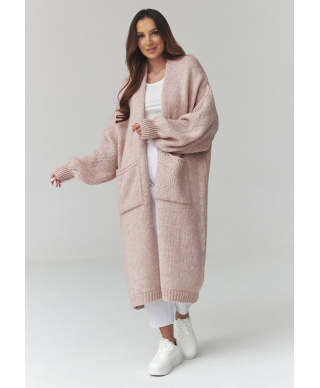 Ilgas moteriškas kardiganas su kišenėmis purvinai rožinis S172