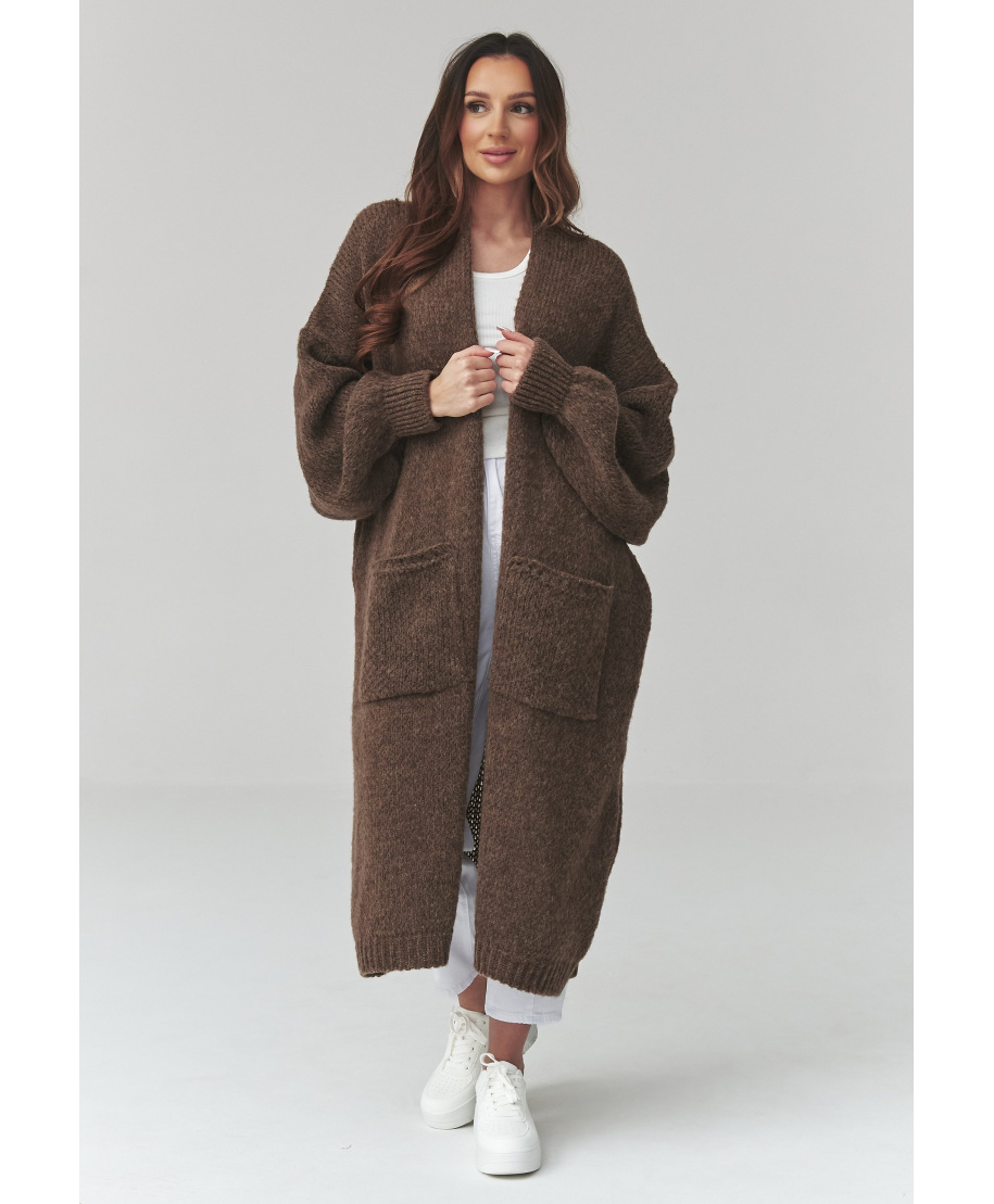 Ilgas moteriškas kardiganas su kišenėmis šokoladinis S172