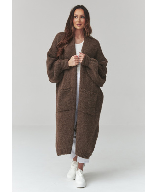 Ilgas moteriškas kardiganas su kišenėmis šokoladinis S172
