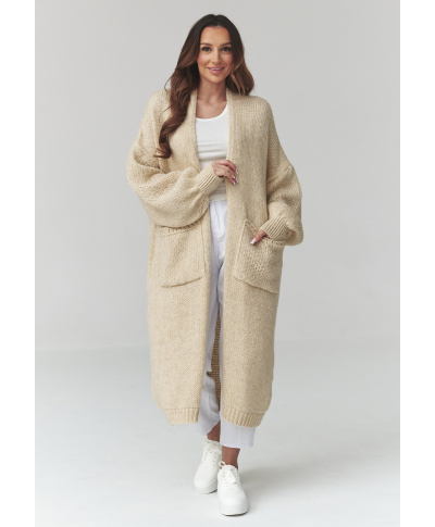 Garš sieviešu kardigans ar kabatām gaiši bēšs S172