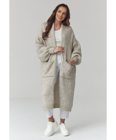 ilgas megztinis moteriskas kardiganas su kisenemis sviesus pilkas S172