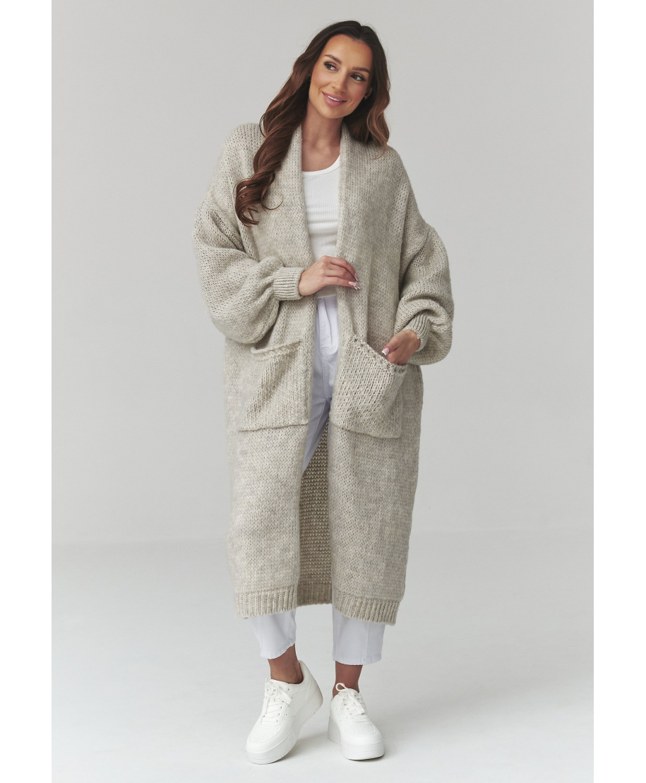 Garš sieviešu kardigans ar kabatām gaiši pelēks S172