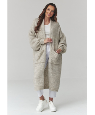 Ilgas moteriškas kardiganas su kišenėmis šviesiai pilkas S172