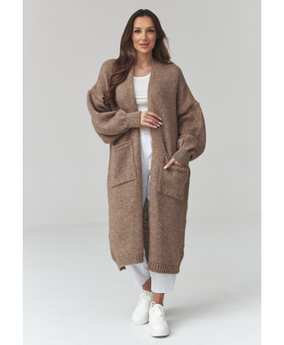 ilgas megztinis moteriskas kardiganas su kisenemis ochra S172