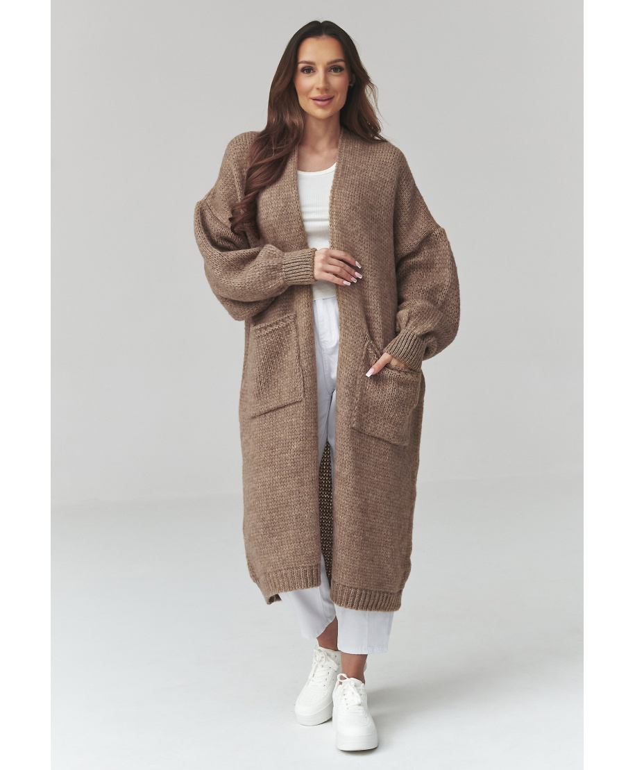 Ilgas moteriškas kardiganas su kišenėmis ochra S172