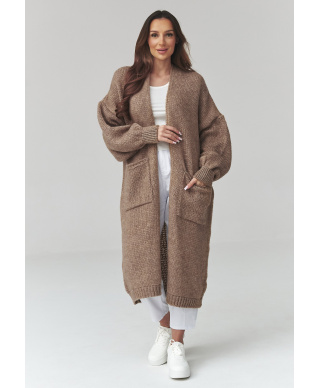 Ilgas moteriškas kardiganas su kišenėmis ochra S172