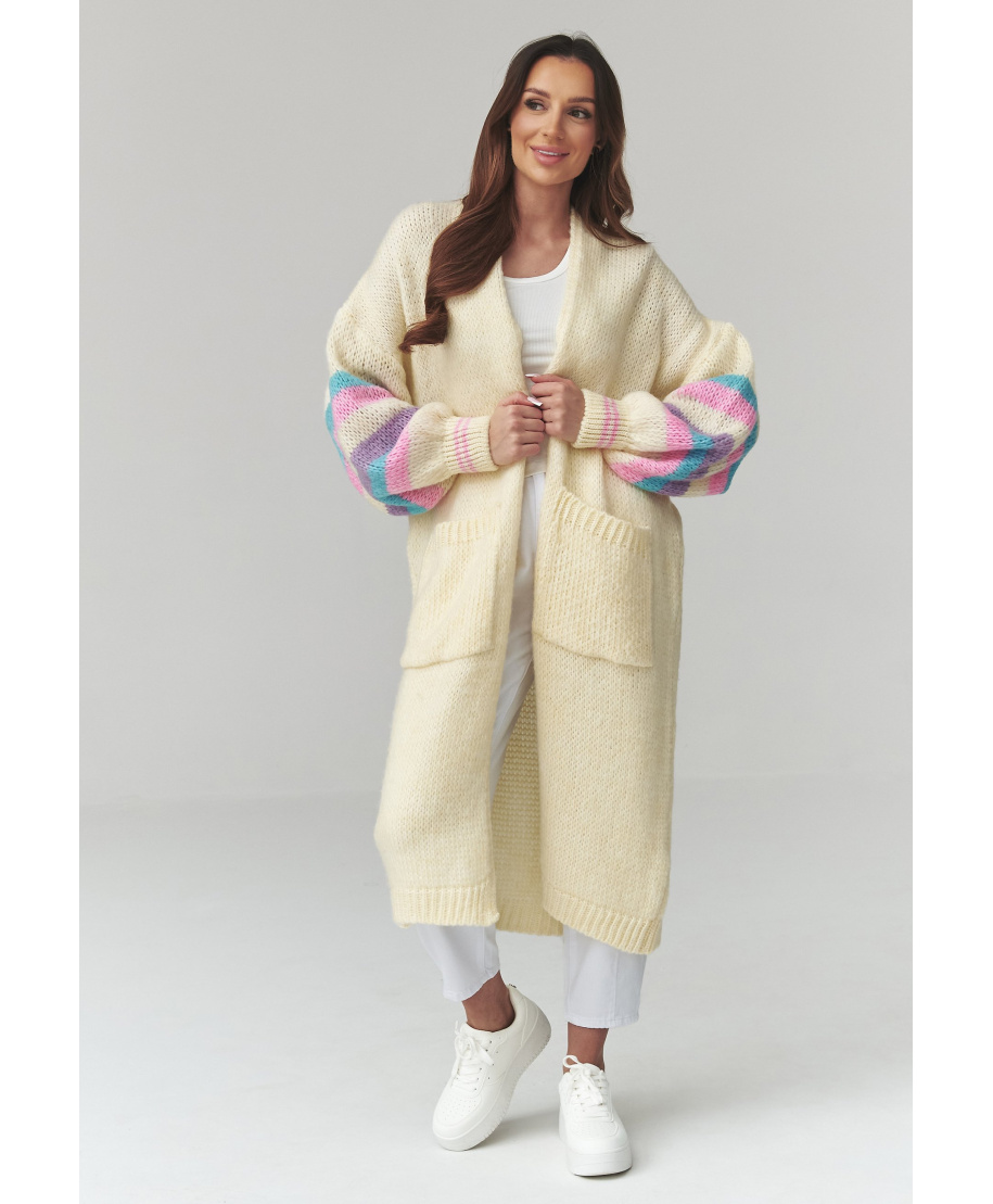 ilgas megztinis moteriskas kardiganas su pasami ant rękawach bananowy S174