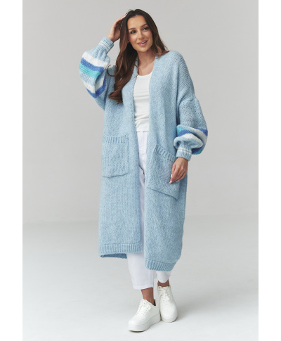 Ilgas moteriškas kardiganas su juostomis ant rankovių žydras S174