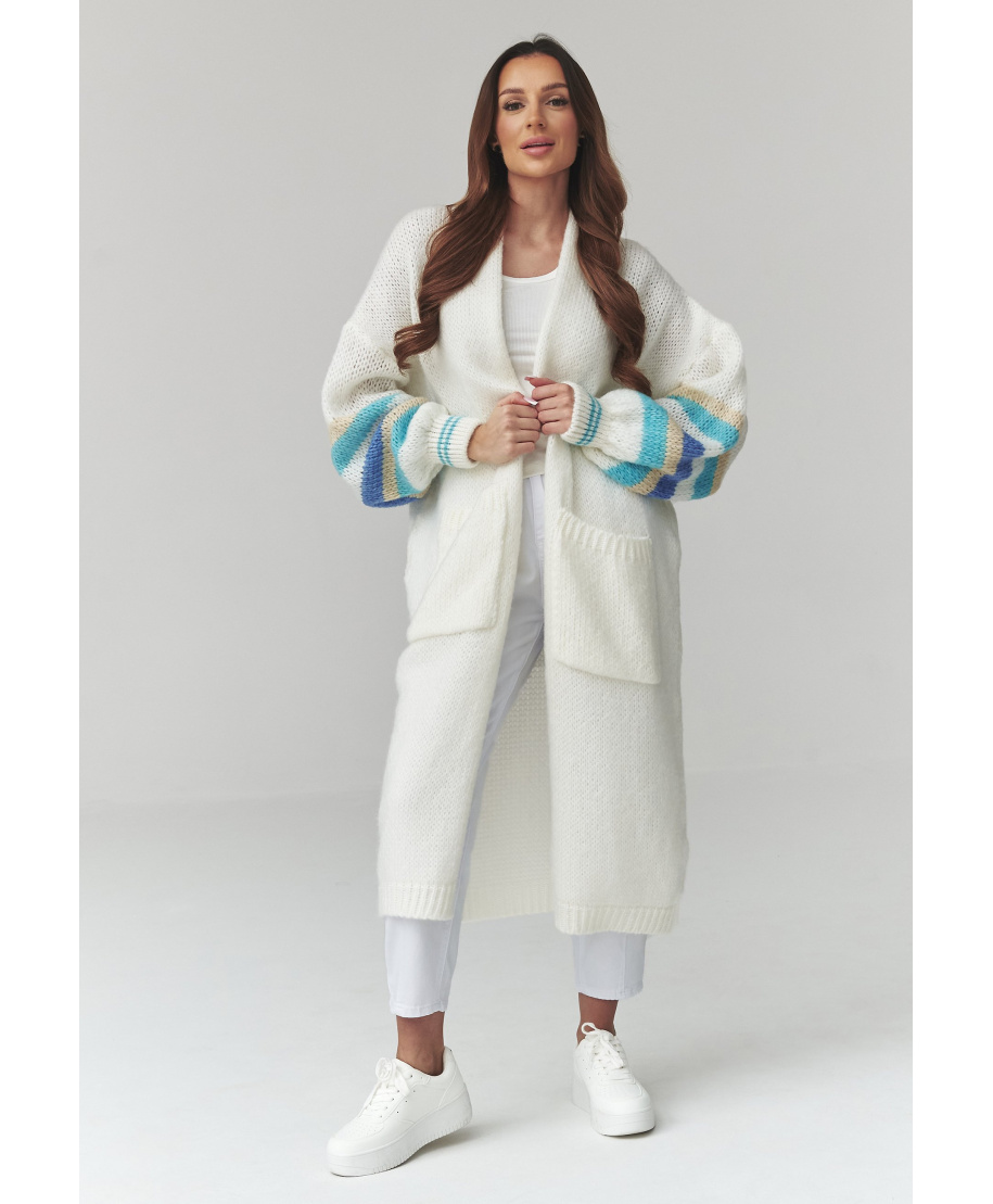 ilgas megztinis moteriskas kardiganas su pasami ant rękawach ekriu S174