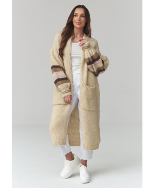 ilgas megztinis moteriskas kardiganas su pasami ant rękawach sviesus beż S174