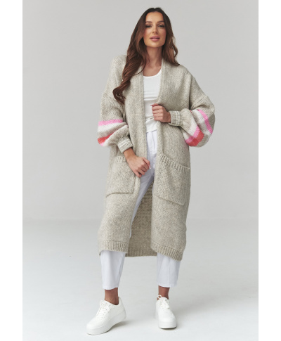 Garš sieviešu kardigans ar svītrām uz piedurknēm gaiši pelēks S174