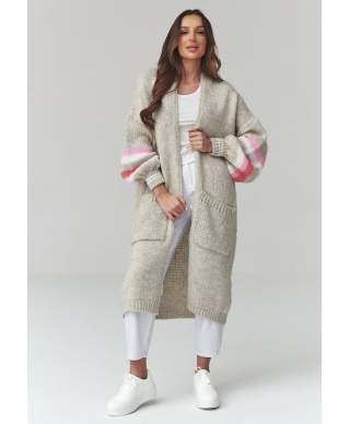 ilgas megztinis moteriskas kardiganas su pasami ant rękawach sviesus pilkas S174