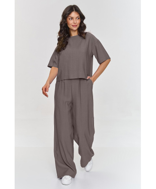 Elegantiškas komplektas su plačiomis kelnėmis mokos spalvos M945