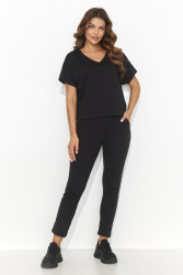 Sieviešu viegla trikotāžas komplekts ar t-kreklu un garām biksēm melns NU472