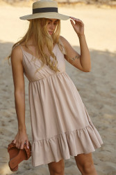 Krótka letnia sukienka z wiązaniem na ramiączkach jasny beż M818