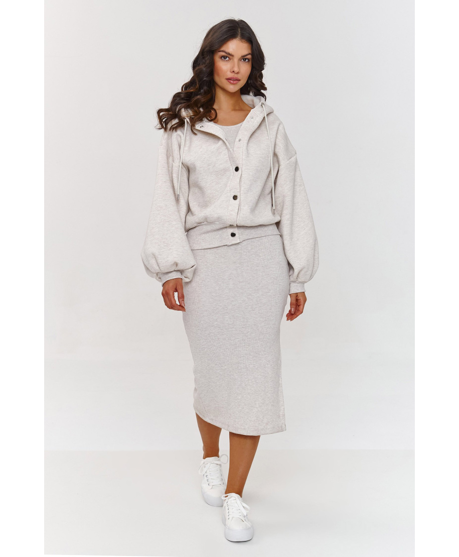 Komplet z sukienką i rozpinaną bluzą z kapturem beżowy melanż A6